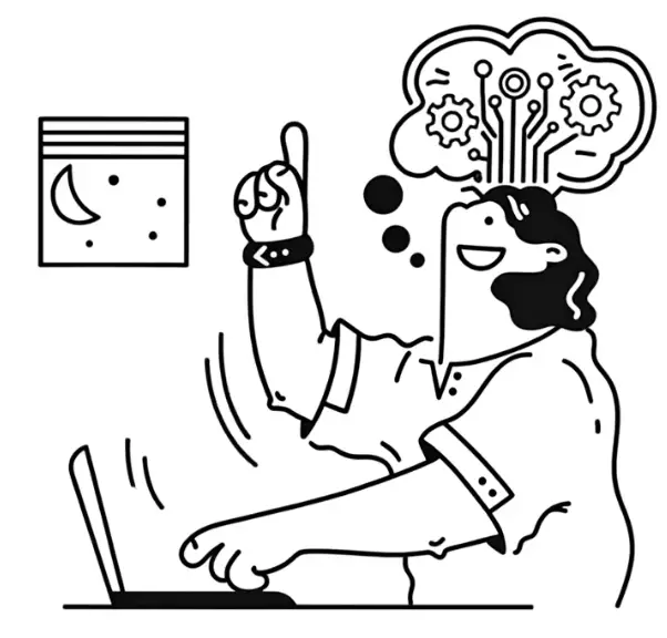 Line drawing of Debby at her laptop with ideas bubbling from her head